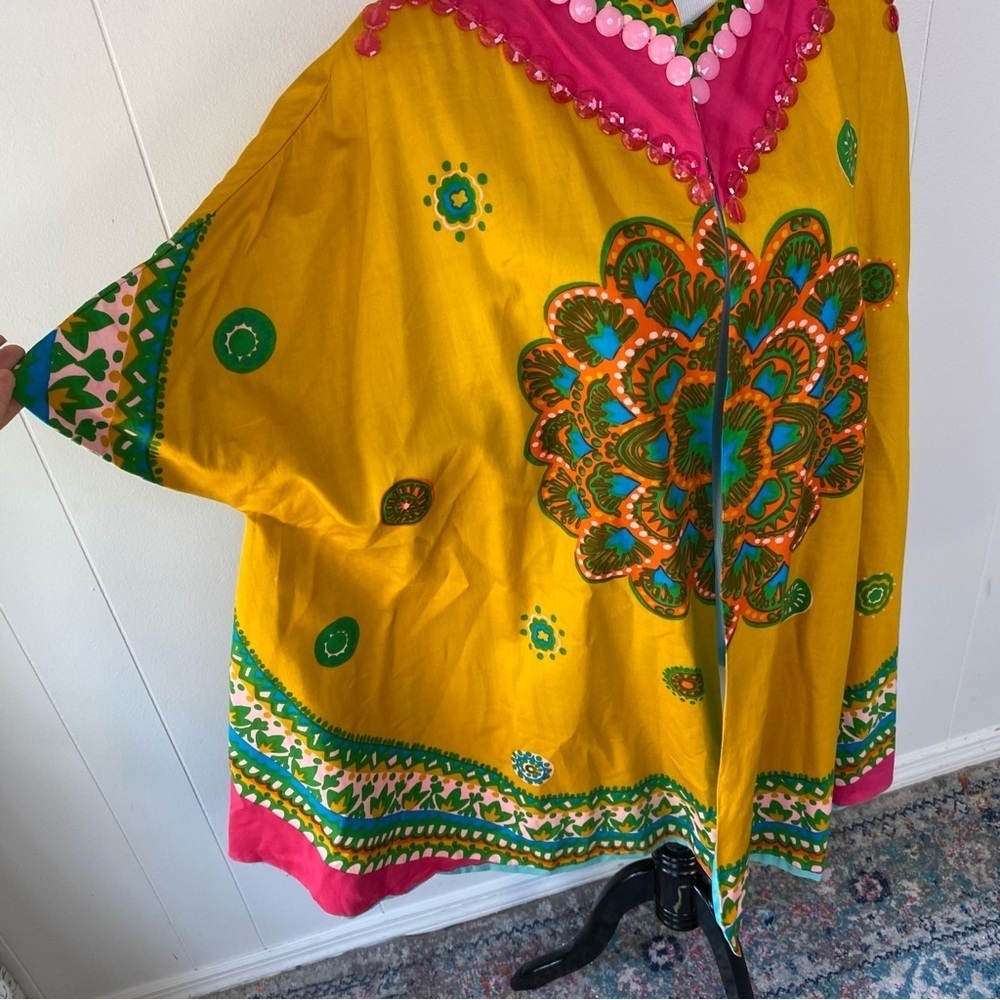 VTG 60s Top Cape Hippie Yellow Hawaiian Cotton Tunic Boho One Size Handmade - Picture 2 of 16
